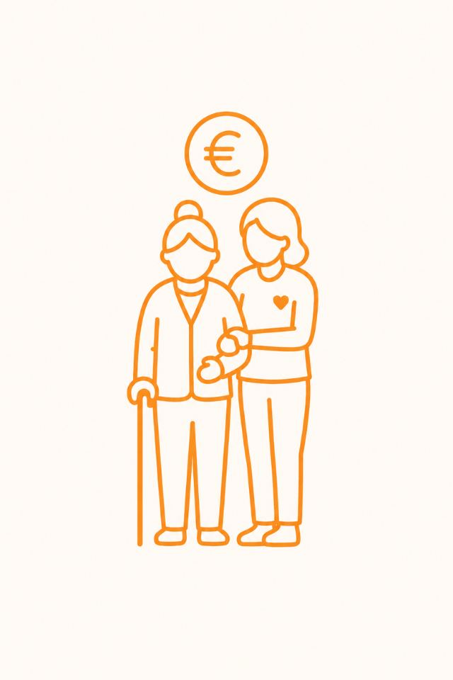 Illustratie van een bewoner en zorgmedewerker met symbool voor kosten van wonen met zorg